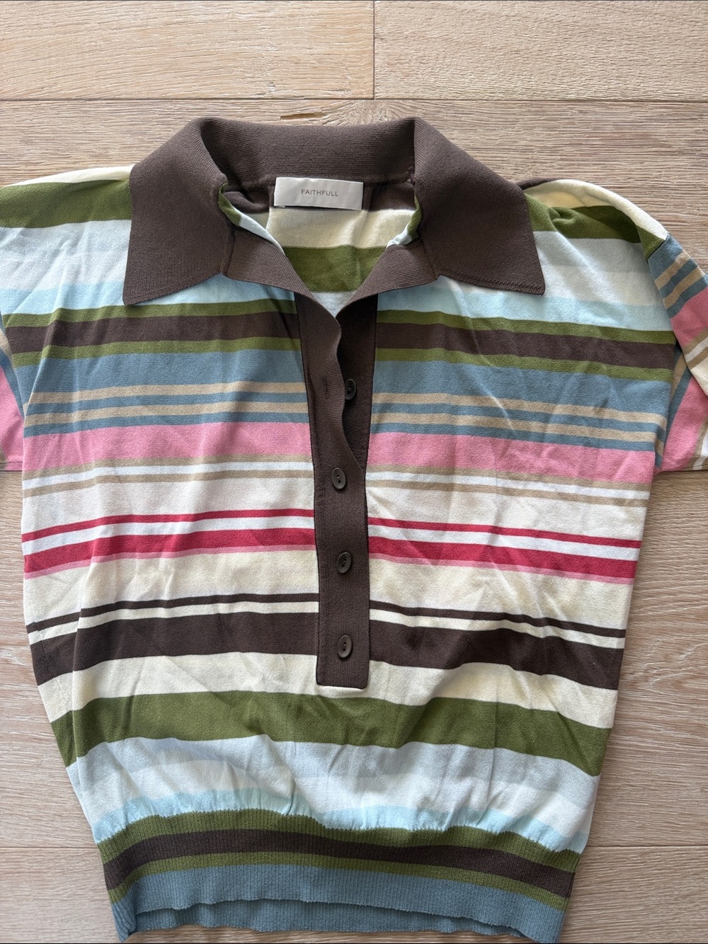 Faithfull the Brand Brown Collared Stripe Polo Top with Pink, Green & Blue